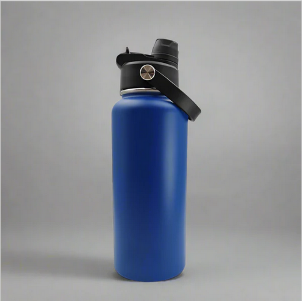 Blue water bottle with black cap on a gray background