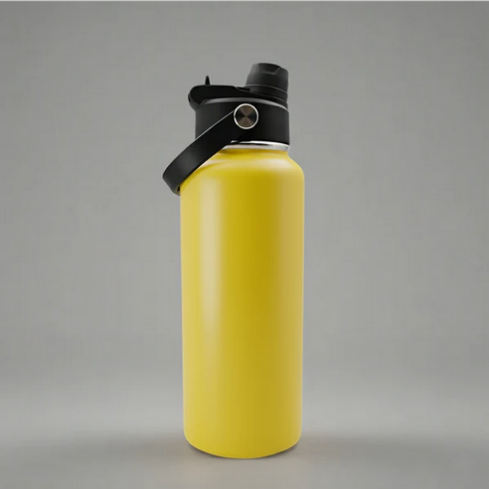 Yellow water bottle with black lid on a gray background